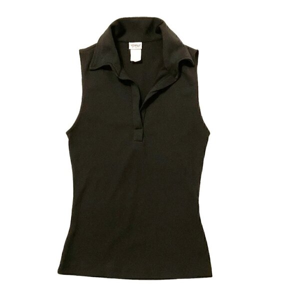 Y2K Ribbed Black Sleeveless collared Top - Picture 1 of 4